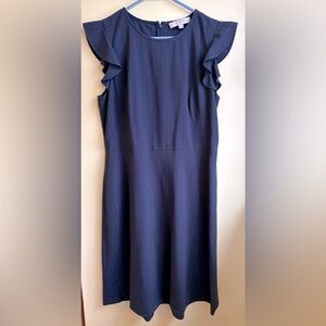 Loft Pinstripe Dress Navy Blue Ruffle Sleeve A-Line Size 10 Business Knee-Length